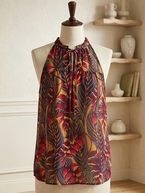 Molly Bracken| Halter Tropical Print Blouse in Mustard, Olive, Fuchsia Sz XS